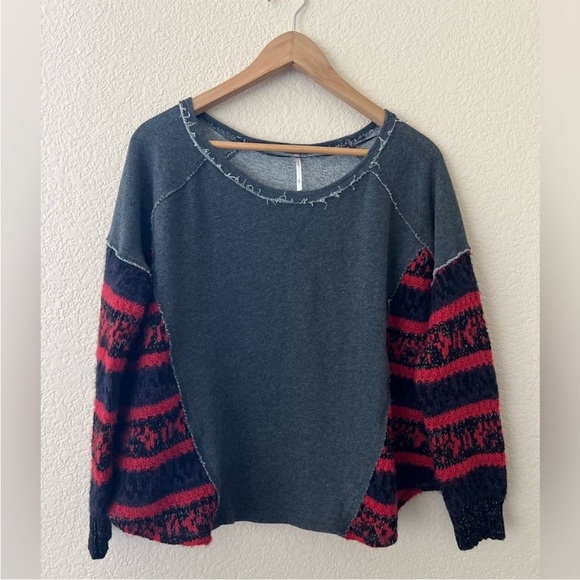 Free People Distressed Raw Hem Gray Red Oversized Sweatshirt Thermal Tee Top S - Picture 5 of 7